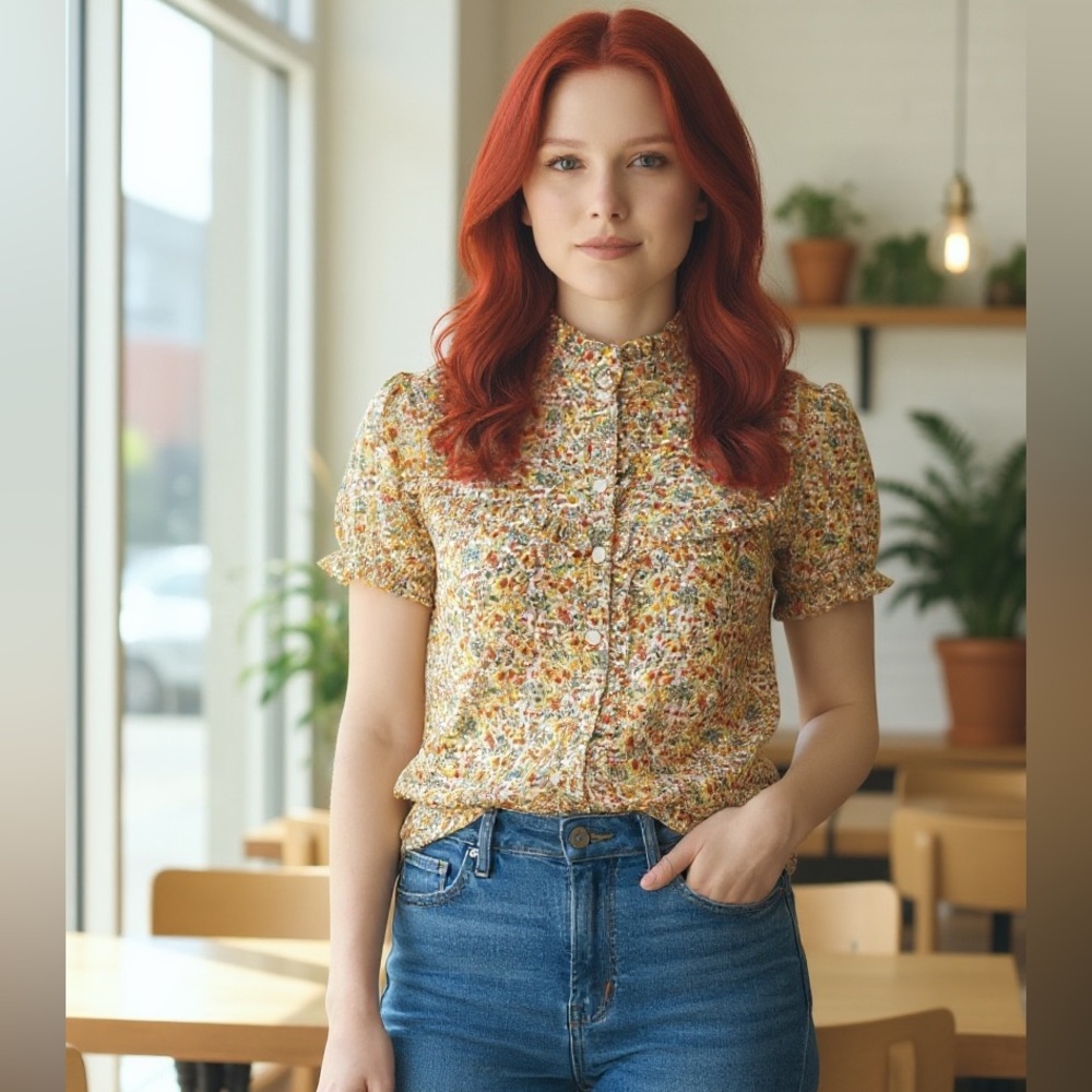 Forever 21 Cottagecore Floral Puff Sleeve Blouse Size L